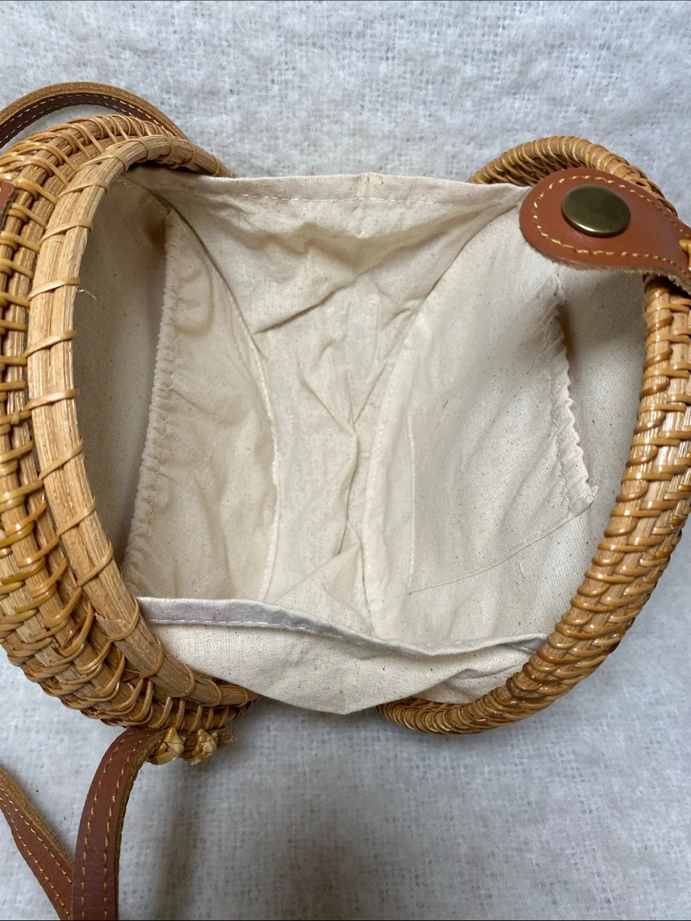 Round Woven Crossbody Bag in Tan - Picture 5 of 6